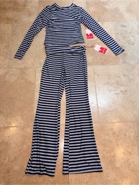 LA Glow women’s Striped Long Sleeve Top & Wide Leg Pants Two-Piece Set